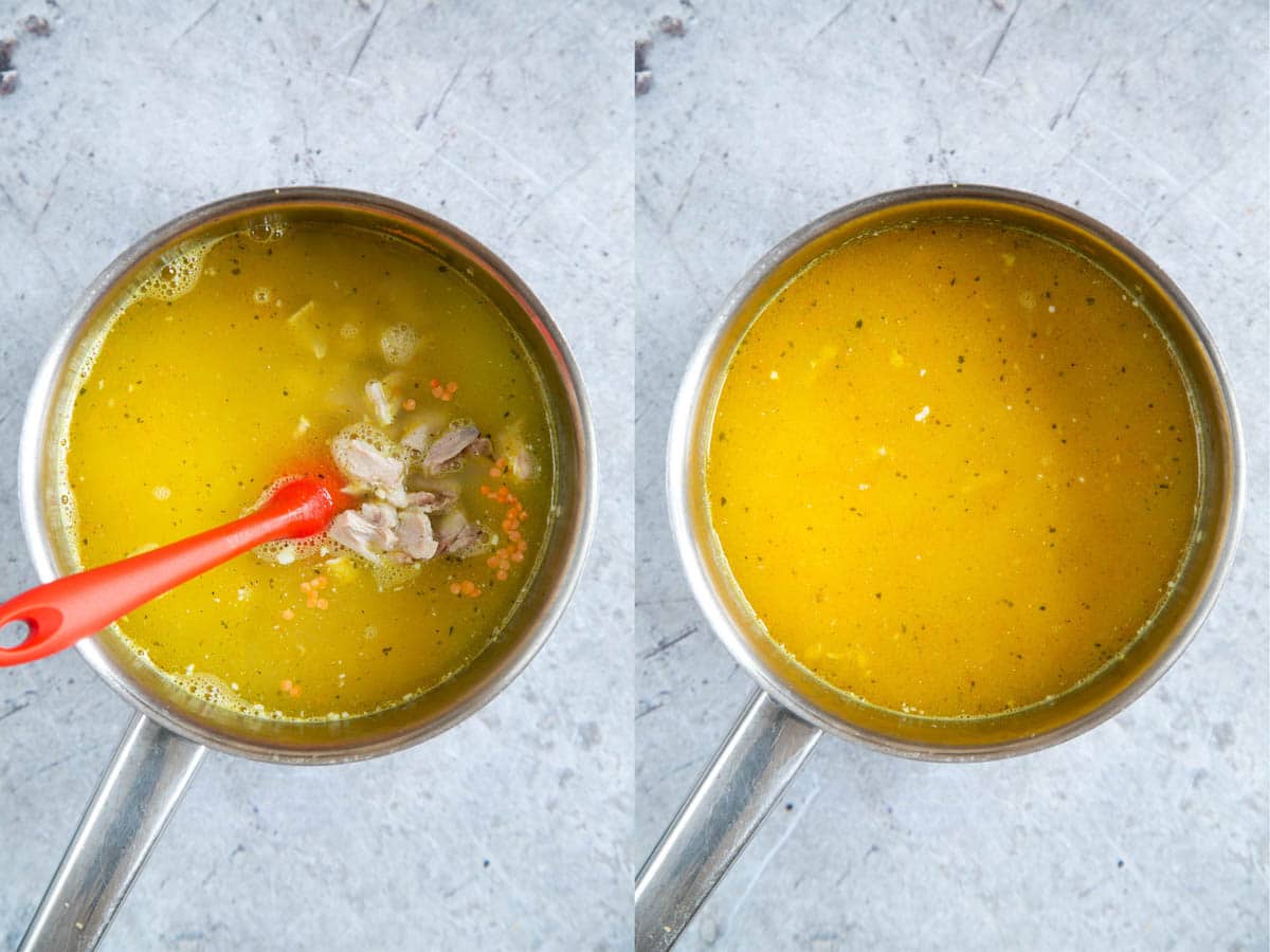 Two images: the left-hand image shows the turkey, lentils, stock and coconut milk freshly added to the pan. The right hand image shows them well mixed in.