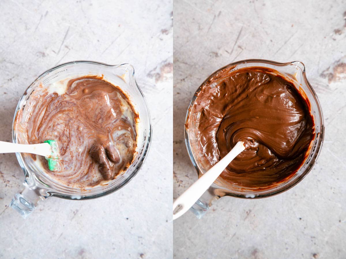 Left: the chocolate starting to melt into the condensed milk: Right: the chocolate and condensed milk mixed together to form the fudge mixture.