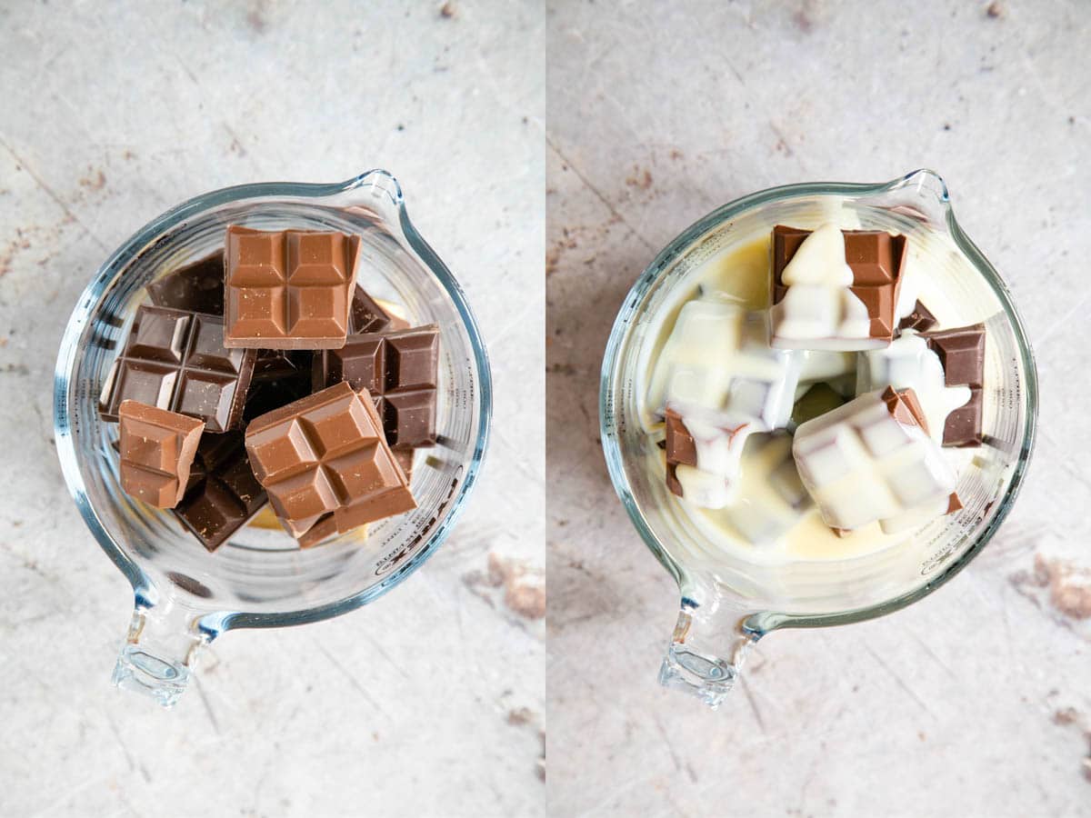 Left: The chocolate is broken up in a pyrex jug. Right: The condensed milk poured over the chocolate, ready to heat in the microwave.