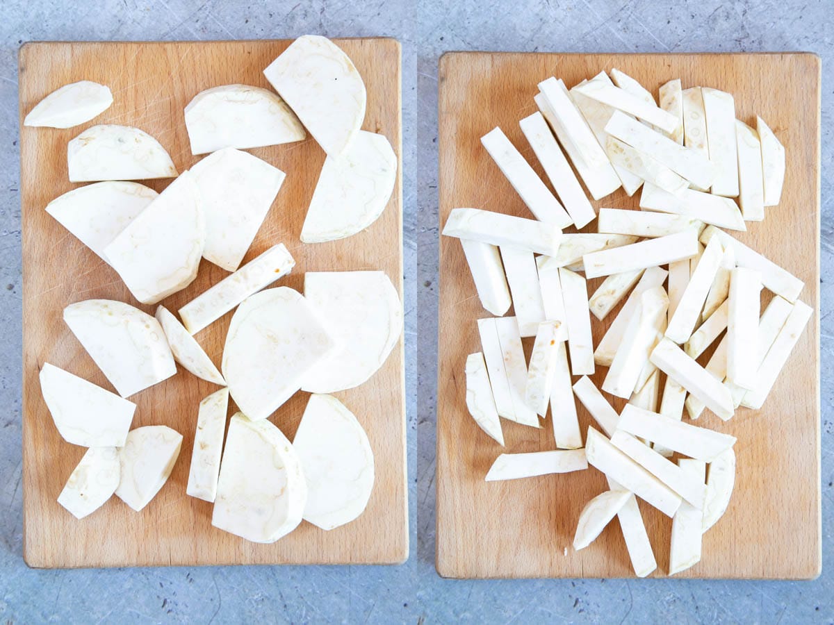 Left: the celeriac chunks sliced. Right: the slices cut into batons.
