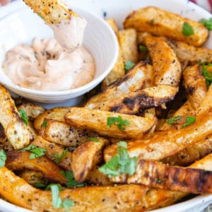 These celeriac fries are crisp and golden around the edges with a dusting of paprika.