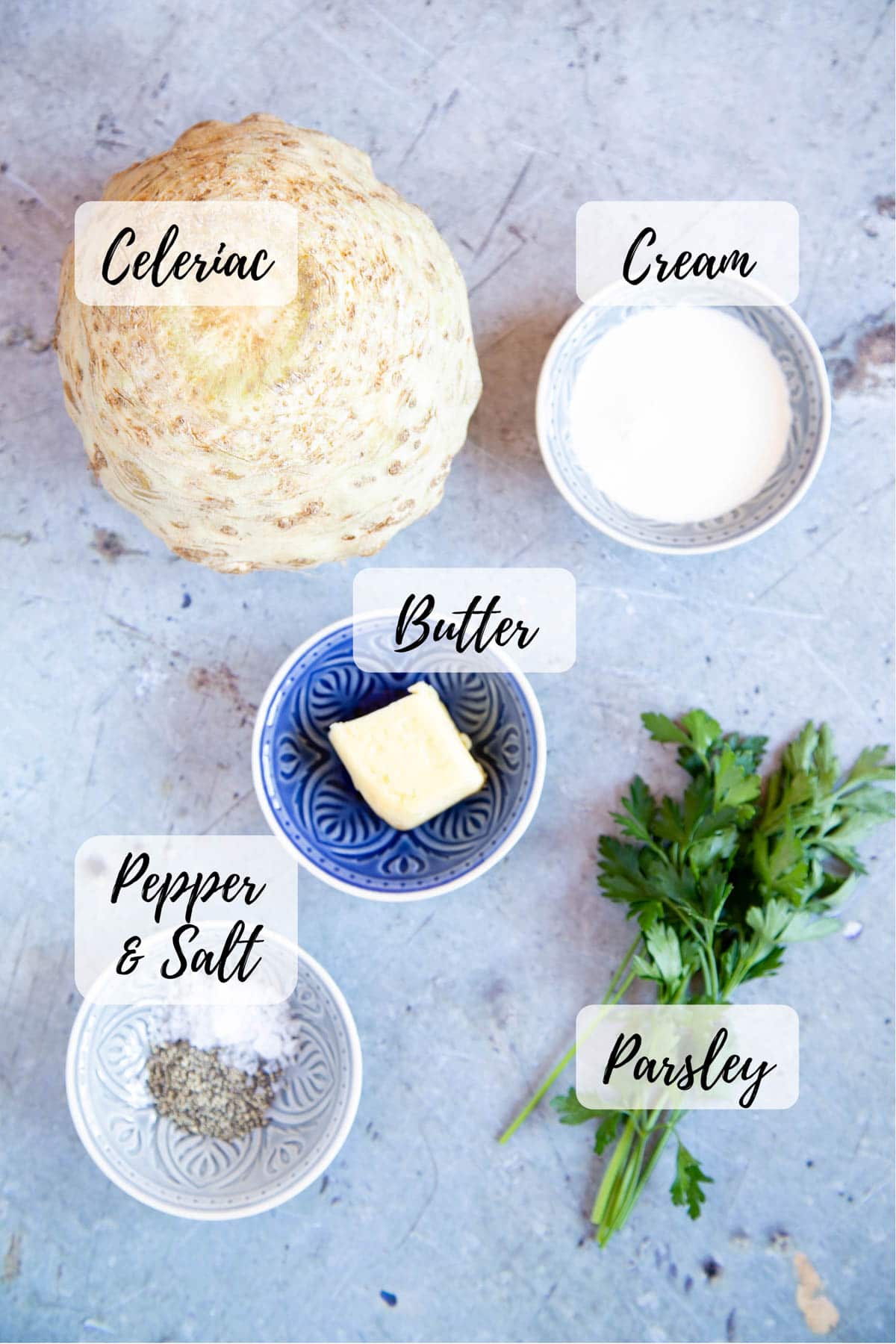 Ingredients for celeriac mash: celeriac, cream, parsley, butter, pepper and salt