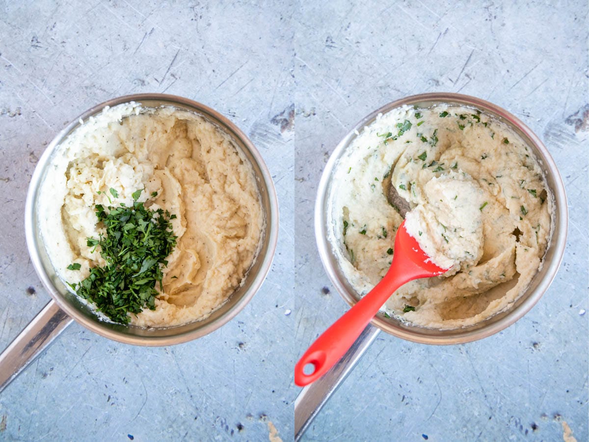 Left: the chopped parsley is added to the pan. Right: stirring in the parsley