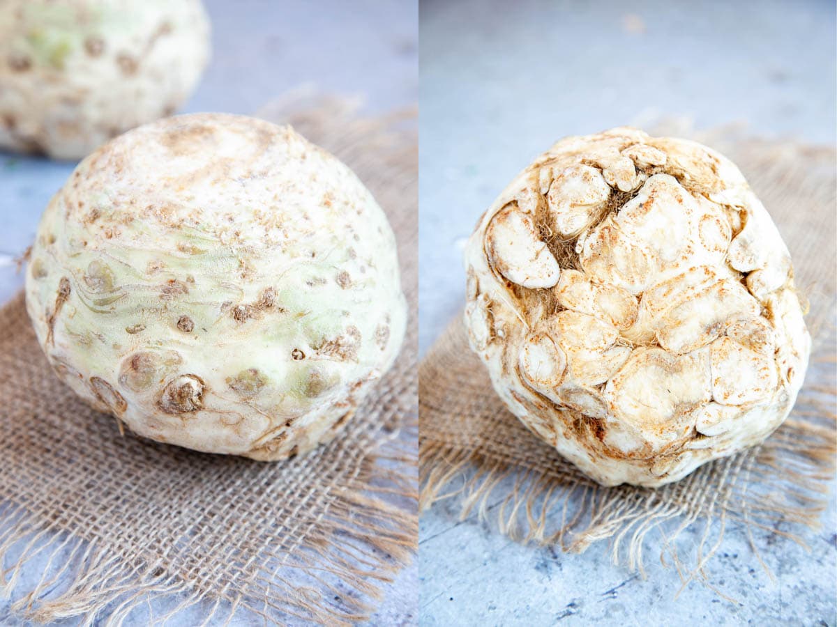 Left - raw celeriac. Right - the knotty root end of the celeriac, which should be removed before cooking.