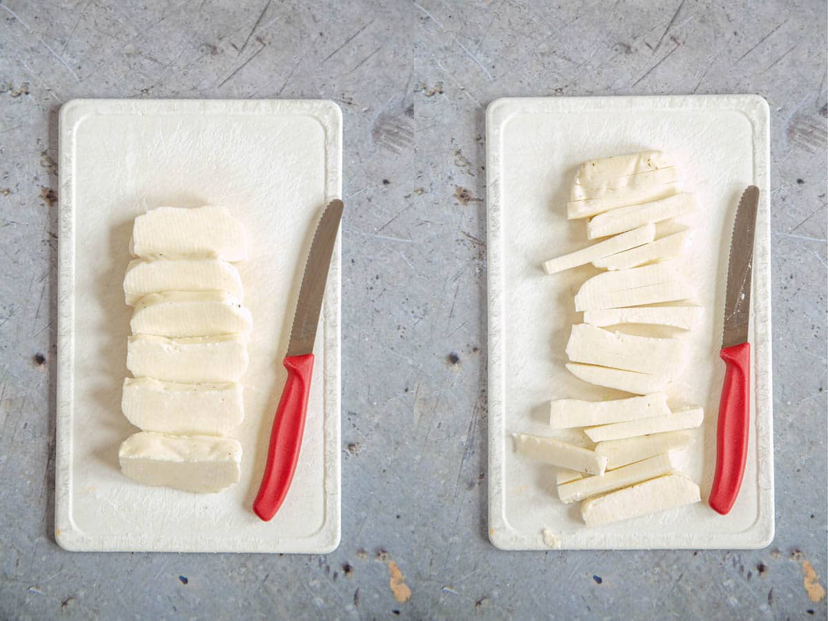Left: the halloumi is shown cut into six slices. Right: The halloumi slices are cut into fingers, ready to coat.