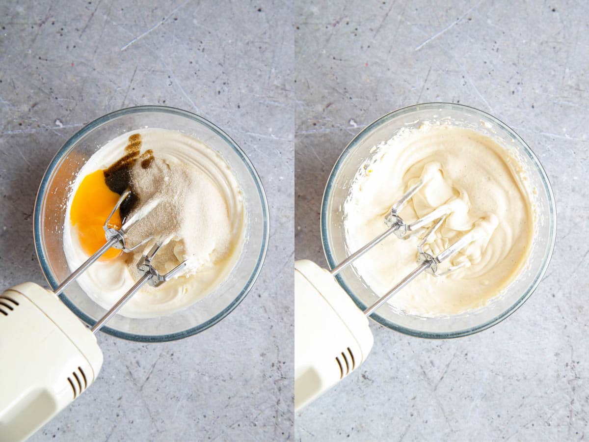 Left: Egg yolk, sugar and vanilla added to the cream. Right: All the ingredients whisked together.