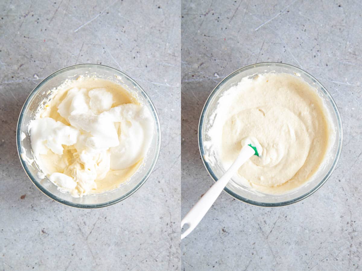 Left: the beaten egg whites added to the cream mixture. Right: the egg is folded in gently to conserve air bubbles.