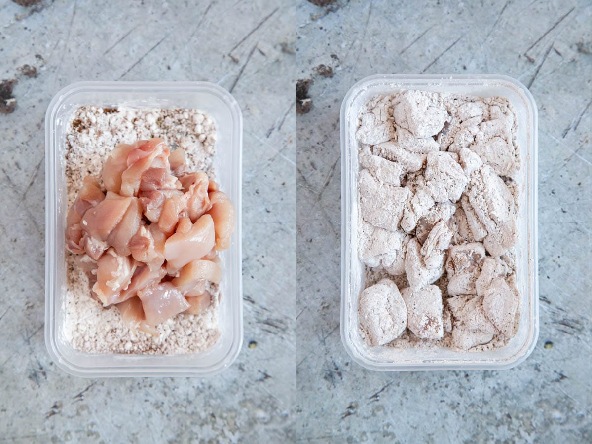 Left: adding the chicken to the tub of coating. Right: the coated chicken, ready to cook.