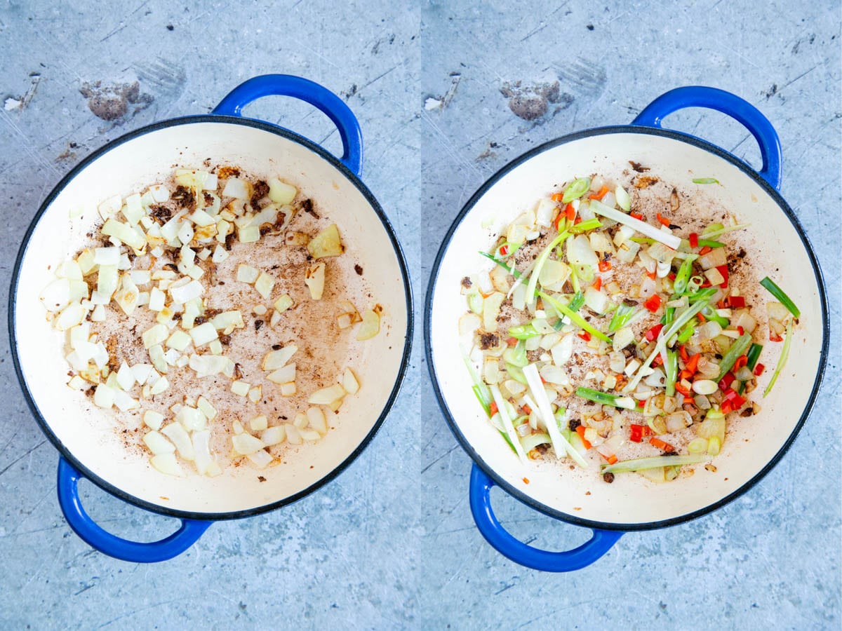Left: Fry the onions in the oil left in the pan. Right: Add the rest of the vegetables and stir fry.