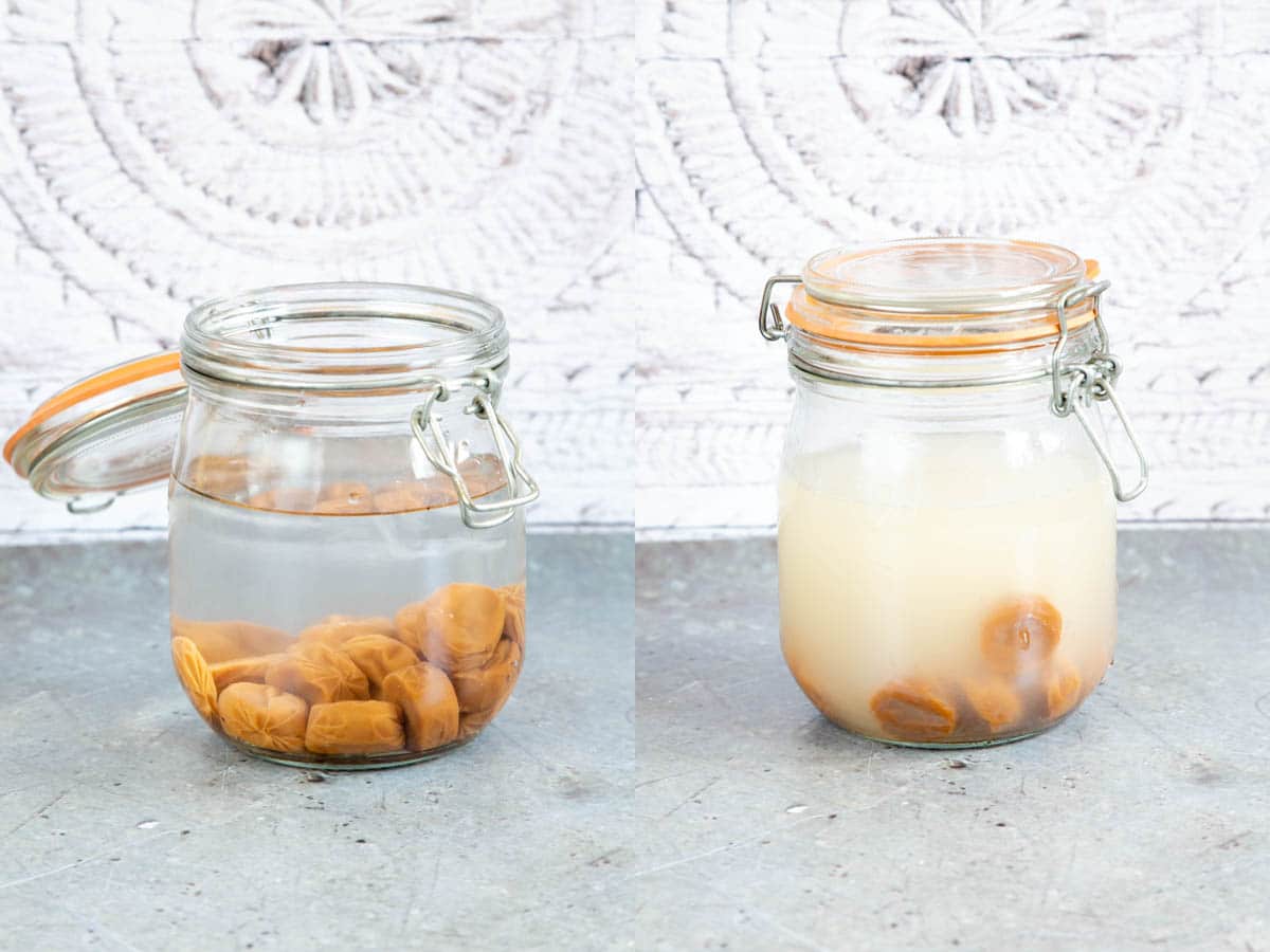 Left: The toffees and vodka in a sealable jar. Right: The vodka soon turns slightly milky.