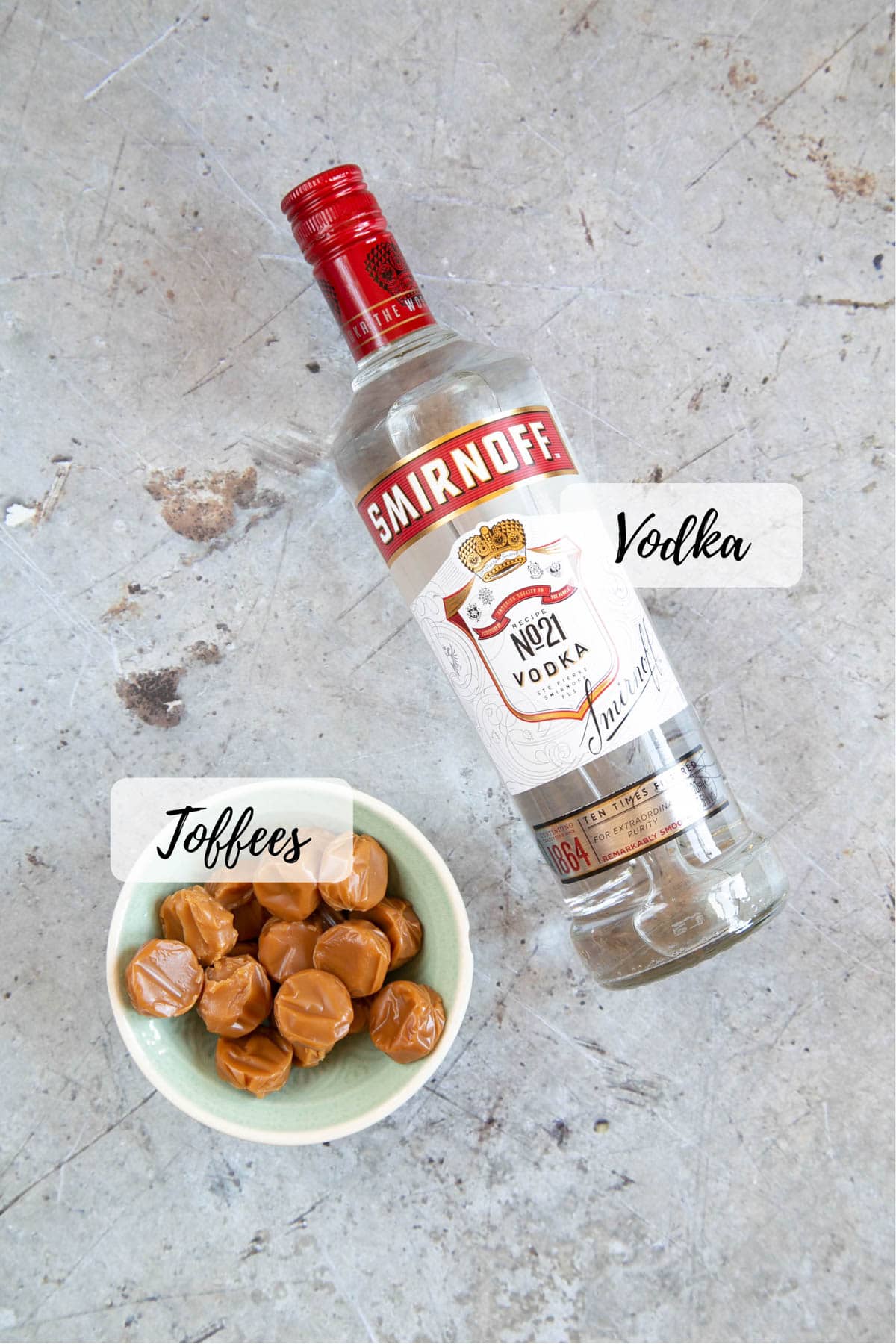 The ingredients for toffee vodka - just a bottle of vodka and a handful of toffees!