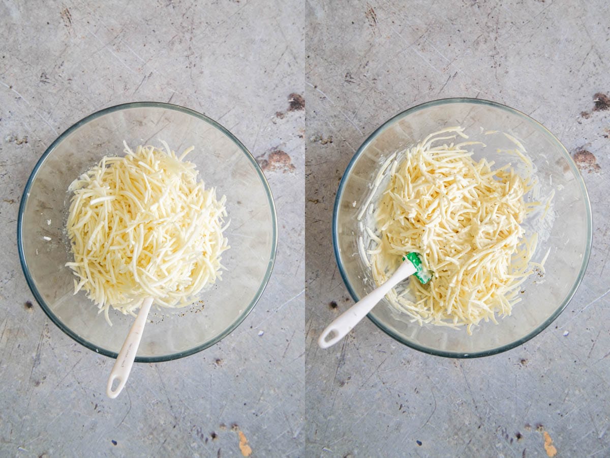 Left: Add half the celeriac to the dressing bowl. Right: stir in well.