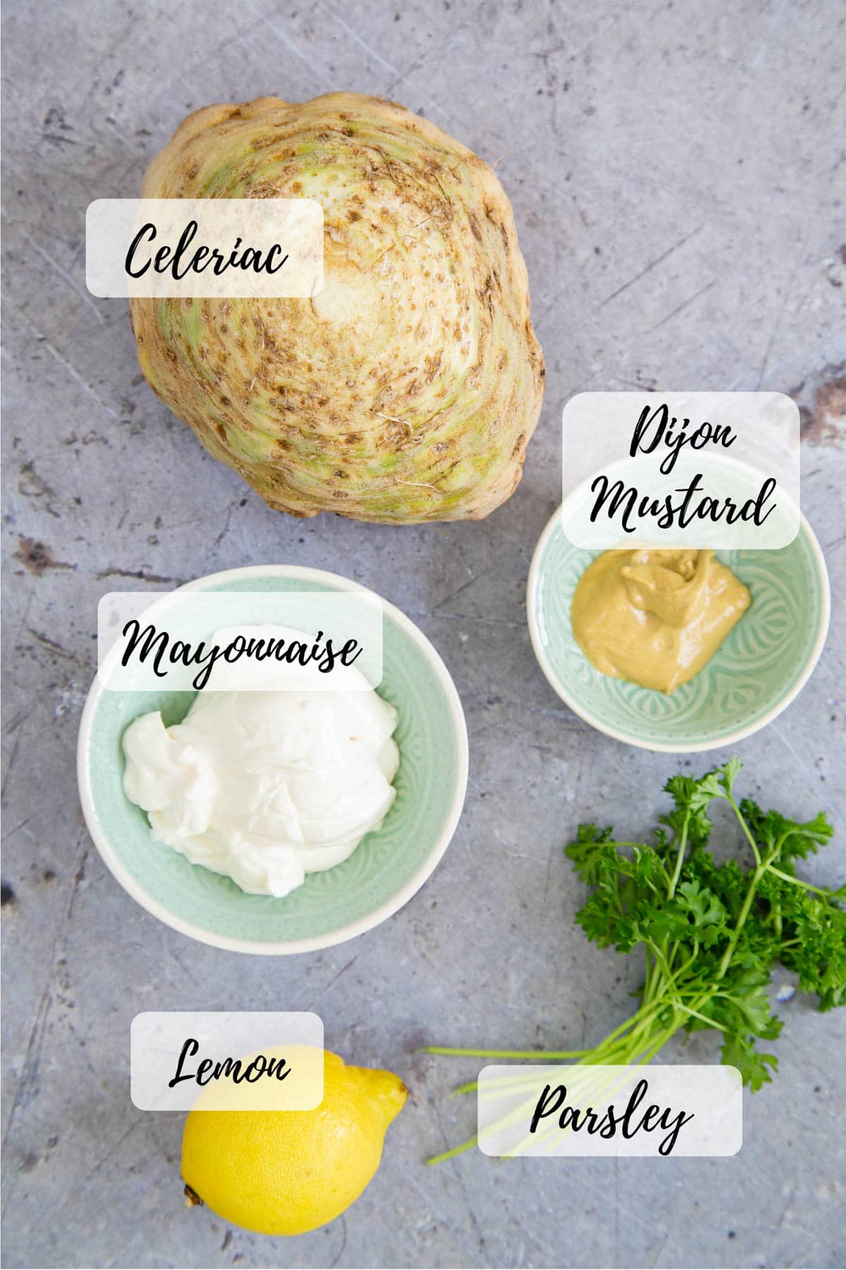 Ingredients for celeriac remoulade: celeriac, Dijon mustard, parsley, a lemon, mayonnaise
