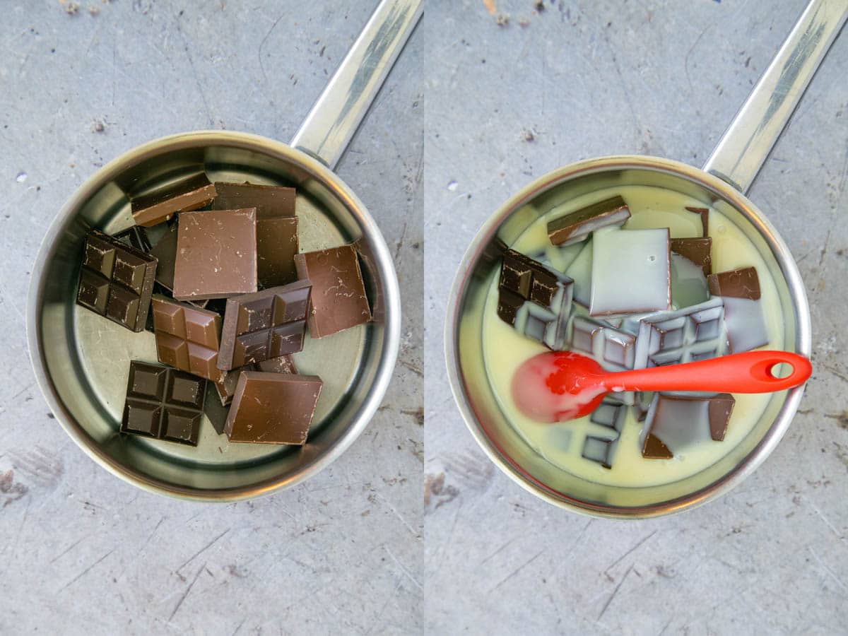 Left: Break up the chocolate and put it in a pan. Right: Pour the condensed milk over the top of the chocolate.