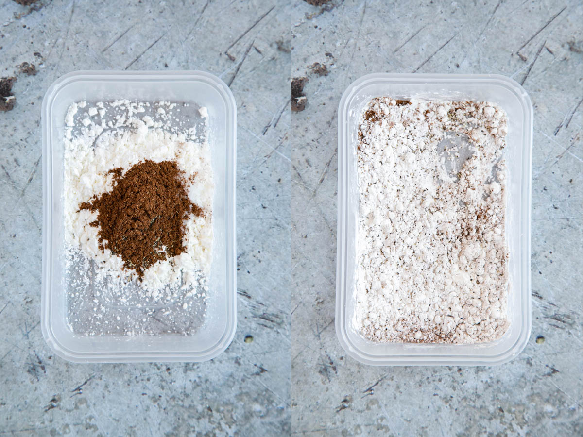 Left: the spice, salt and pepper are added to the cornflour in a sealable tub. Right: cornflour and spices, well combined.