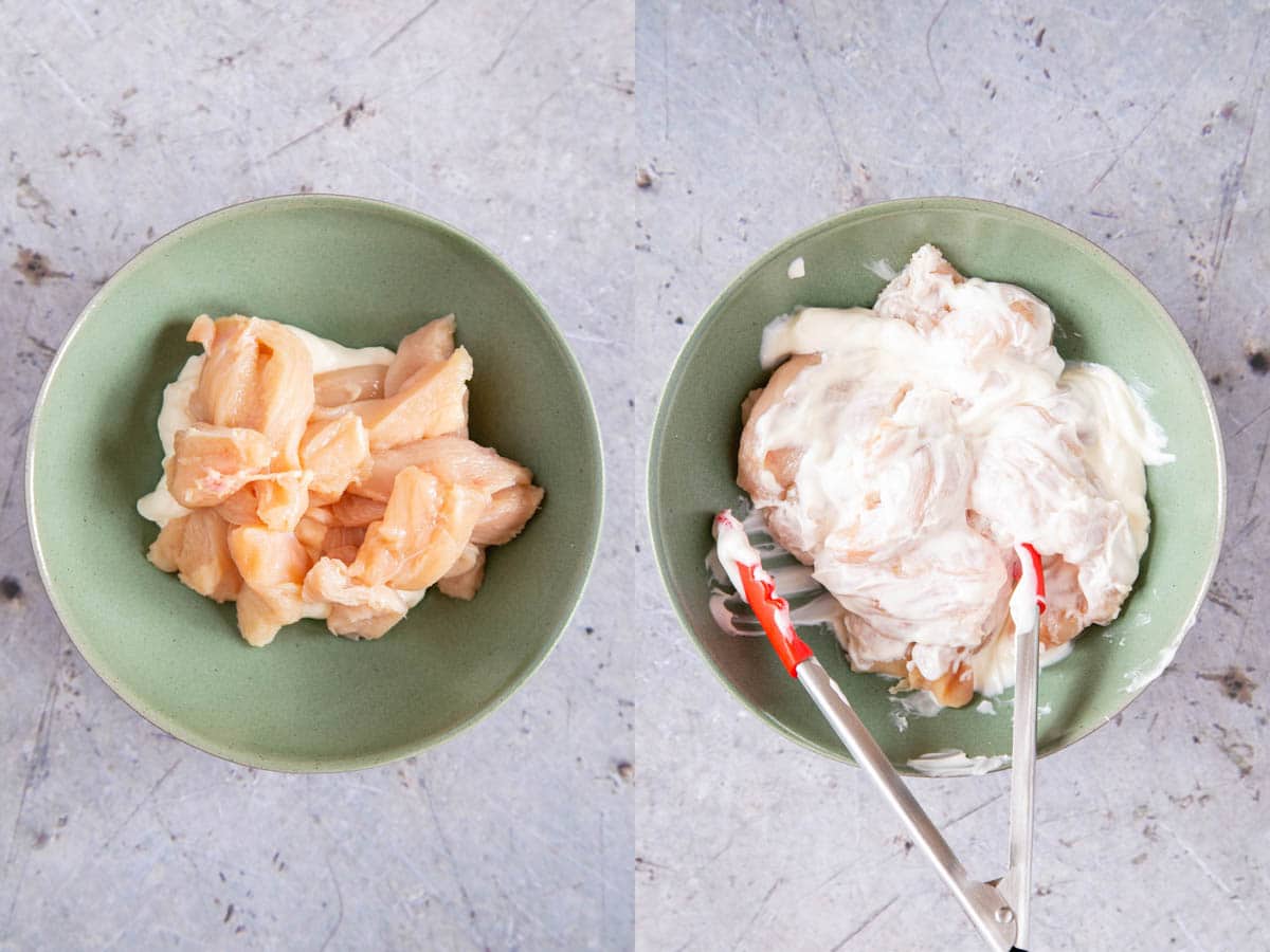 Left: add a few strips of chicken to the mayo. Right: coat them well.