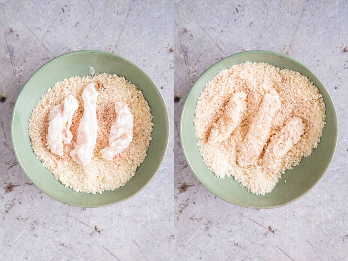 Left: Transfer the coated chicken pieces to the breadcrumb mix. Right: turn them in the crumbs to coat well.
