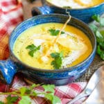 Rich and creamy curried parsnip soup, ready to eat.