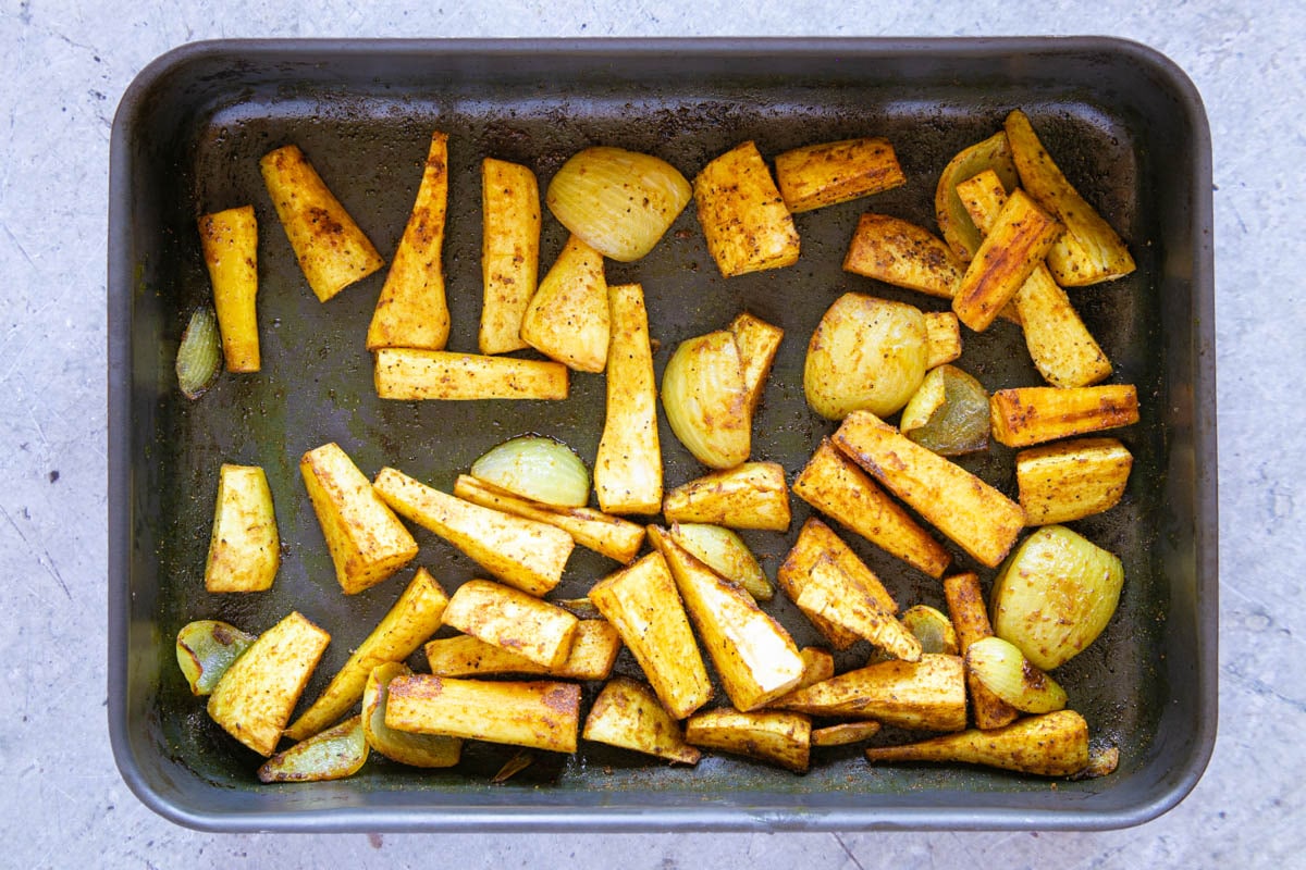 When the vegetables have been roasted they will have reduced in volume. The loss of water during roasting concentrates the flavours.