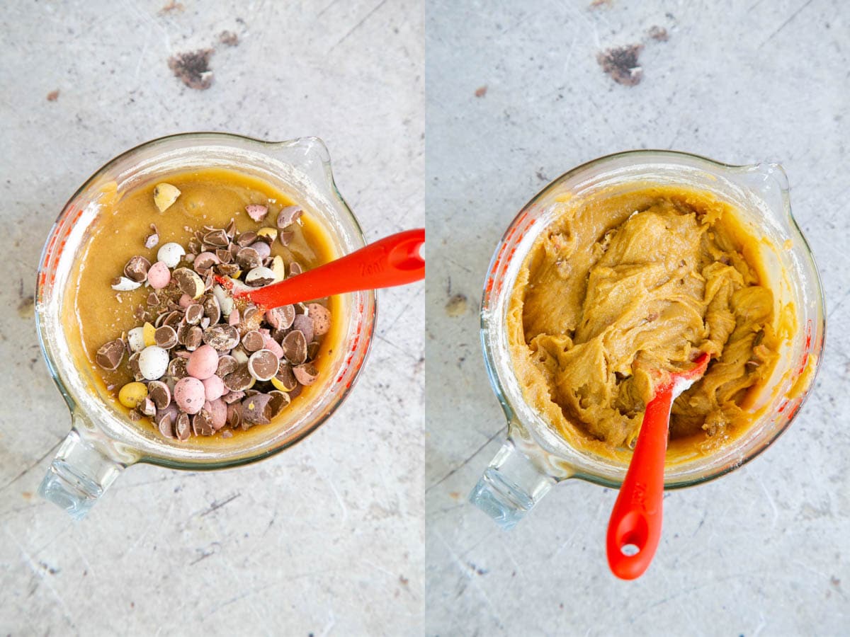 Left: Add the broken mini eggs to the batter. Right: stir in well.