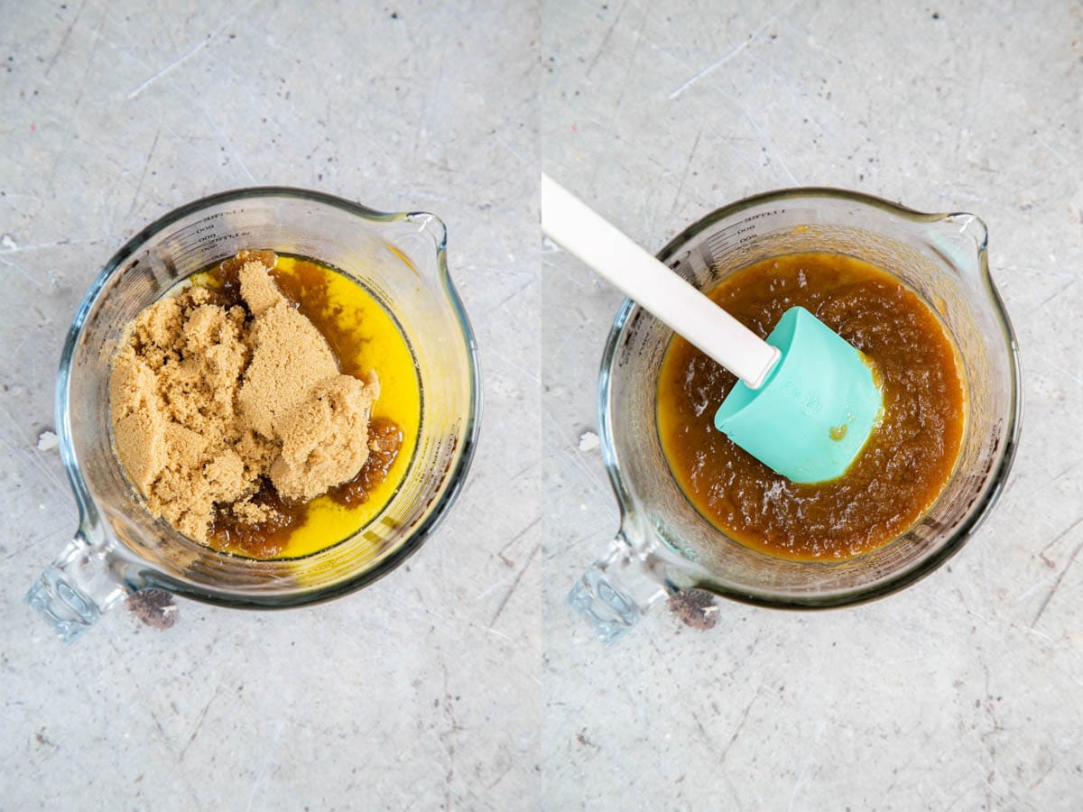 Left: add the sugar to the melted butter. Right: stir in well.