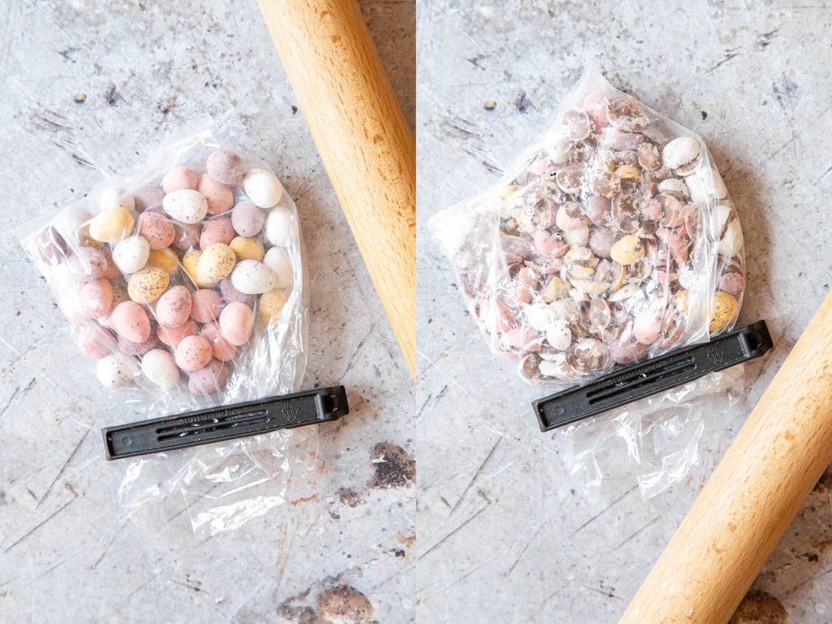 Left: seal the mini eggs in a plastic bag before breaking them up. Right: the broken eggs, ready to use.