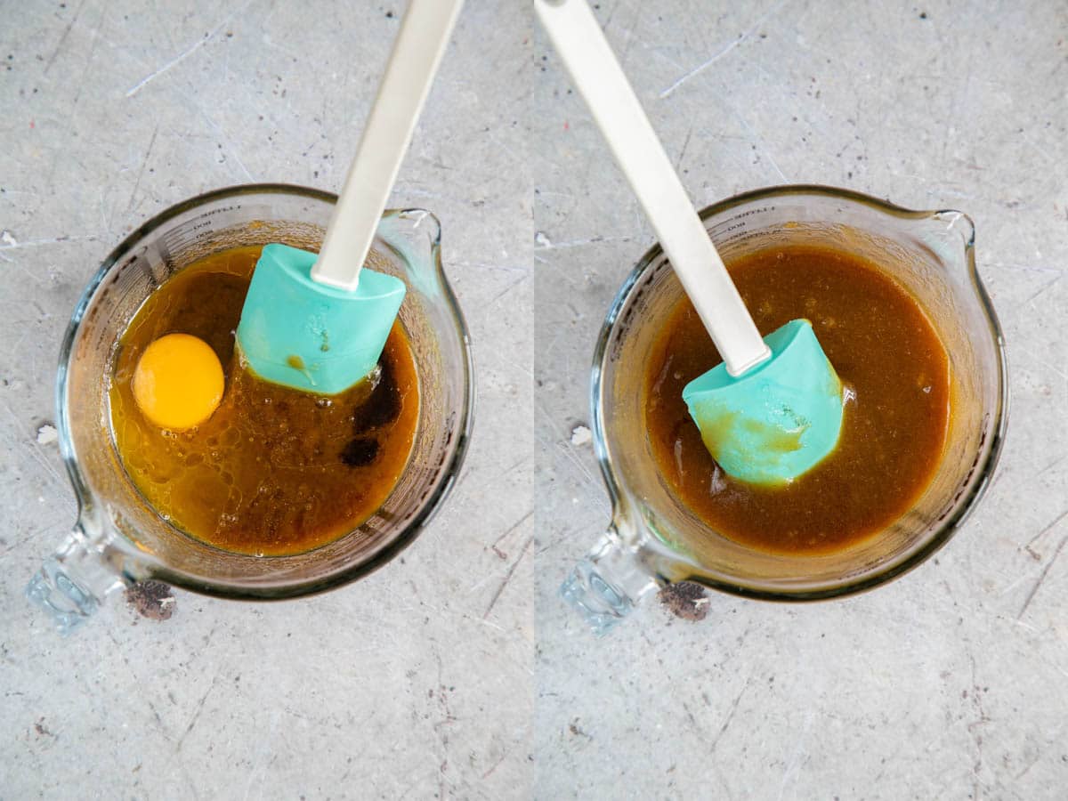 Left: add the egg and vanilla extract. Right: stir in until well combined.