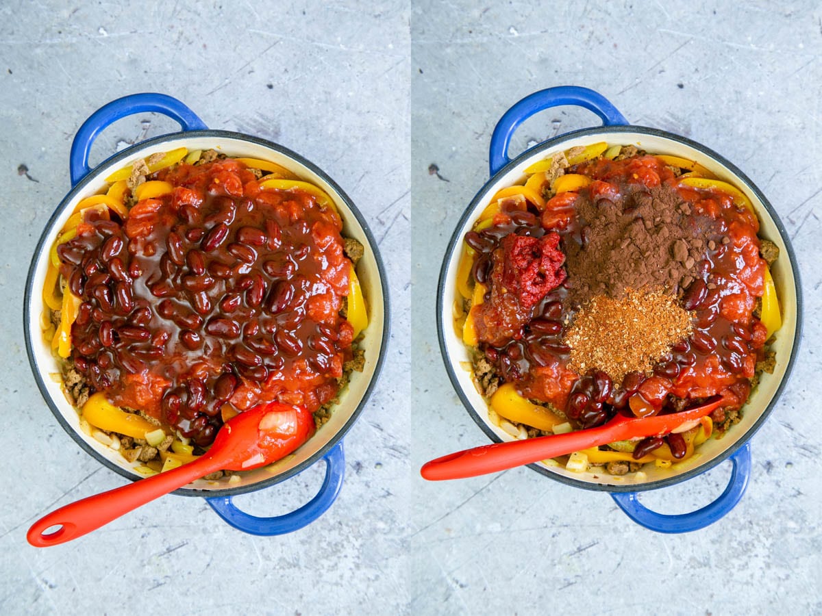 Left: add the chilli beans and tomatoes and stir in. Right: mix in the remaining ingredients.