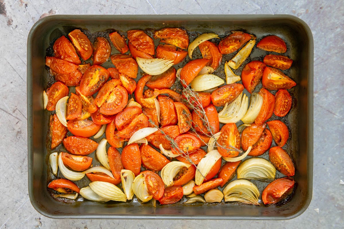 When roasted, the vegetables will be starting to colour at the edges and will have reduced in volume.