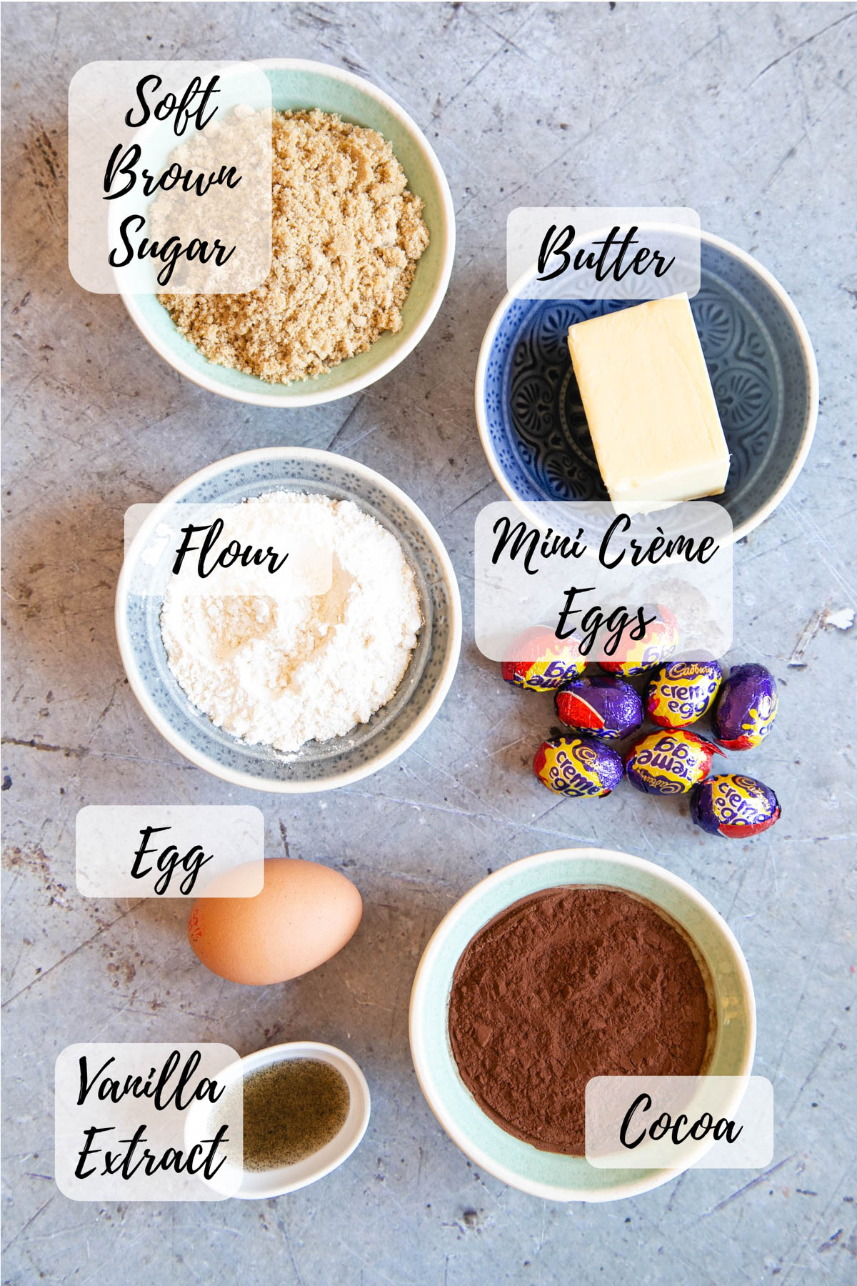 Ingredients for creme egg brownie recipe: soft brown sugar, butter, creme eggs, cocoa, vanilla extract, eg, flour