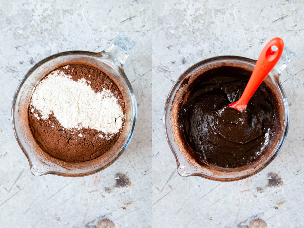 Left: Add the flour. Right: mix in well.
