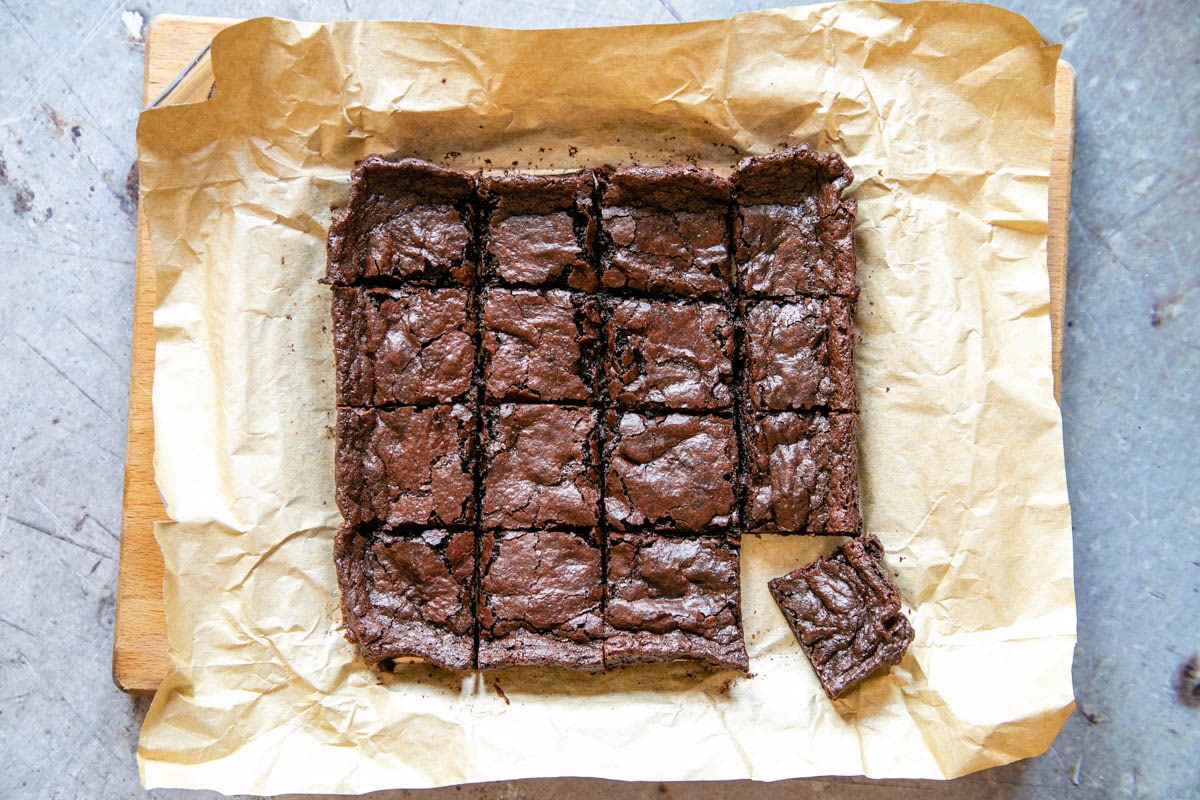Once the bake has cooled a little, it can be cut into slices. The image shows the square bake cut into 16 smaller squares.