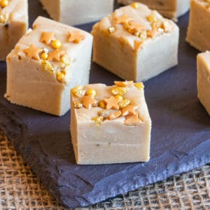 In close up, you can see the creamy smooth texture of this white chocolate coffee fudge.