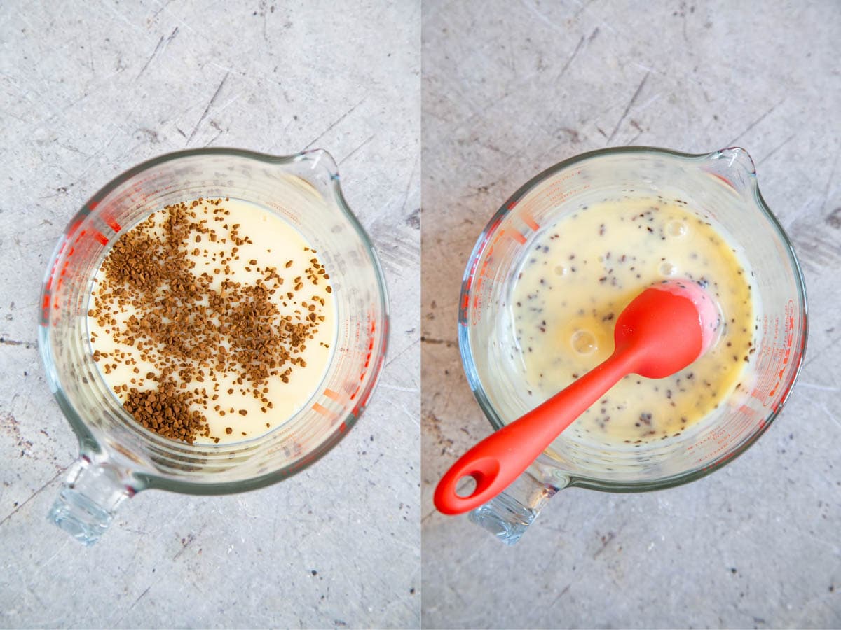 Left: The coffee powder is added to the condensed milk in a jug. Right: Stir the coffee in well to dissolve. Then leave to infuse.