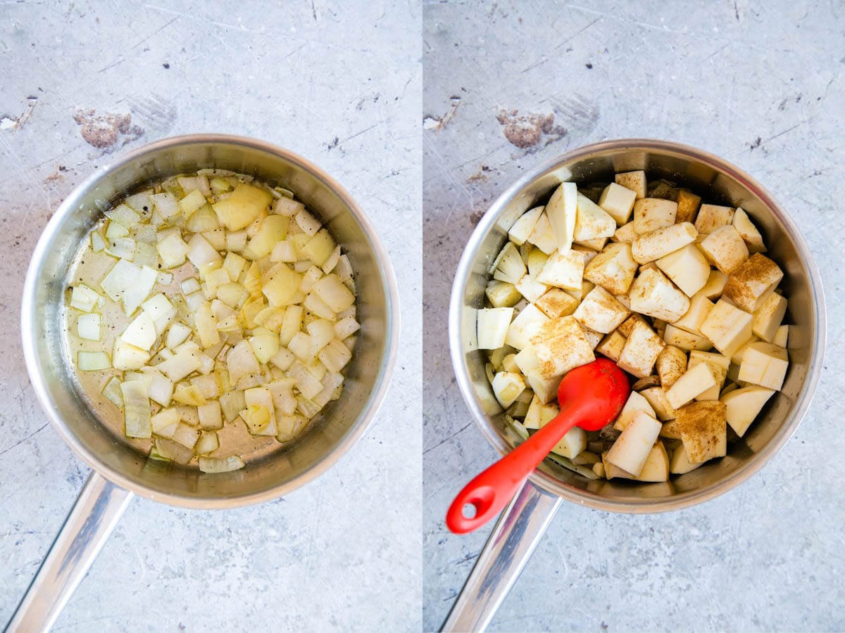 Right: Gently frying the onion without browning. Right: The parsnip, garlic and spices added to the pan.
