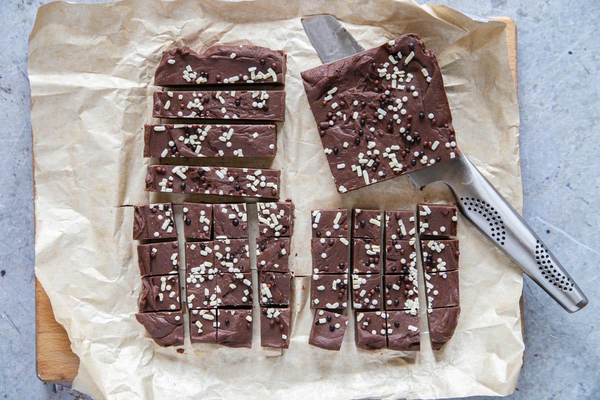 When the fudge is set firm, it can be turned out of the pan and cut into cubes with a sharp knife.