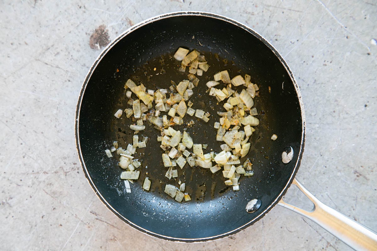 A frying pan of chopped fried onion