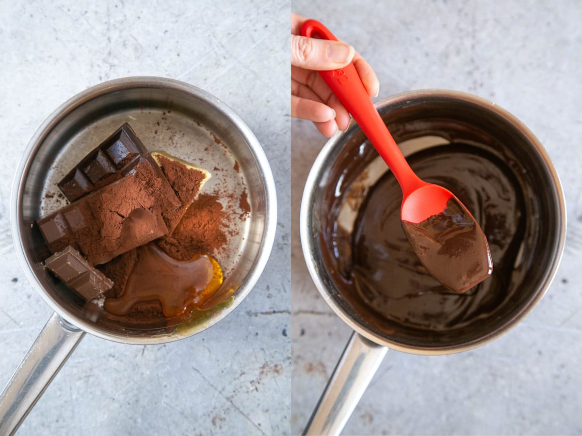 Left: the chocolate, butter, syrup and cocoa in a pan. Right: the ingredients have melted and been mixed so that they are well combined.