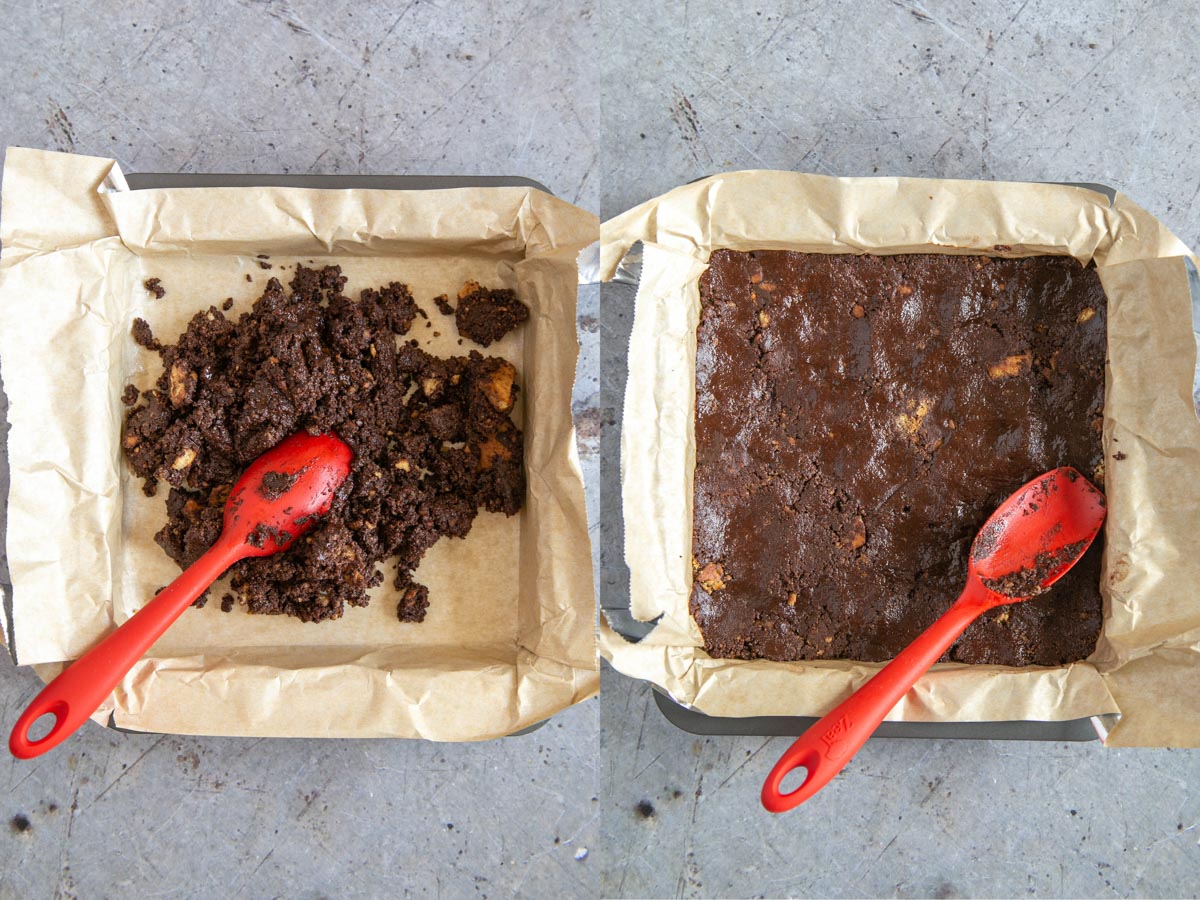 Left: the mixture in a lined tin. Right: spreading it evenly into the corners.