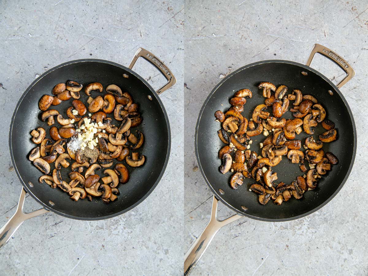 With the mushrooms browned, it is time to add the garlic to the pan and cook gently until it is translucent.