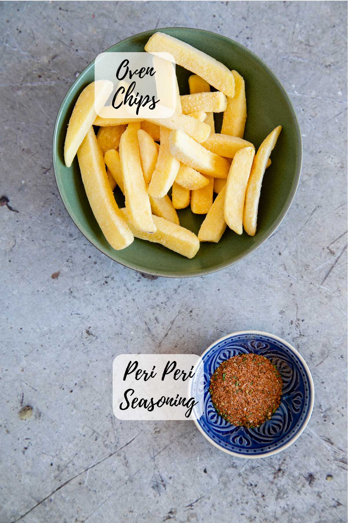 All you need for peri peri fries - frozen oven chips and peri peri seasoning