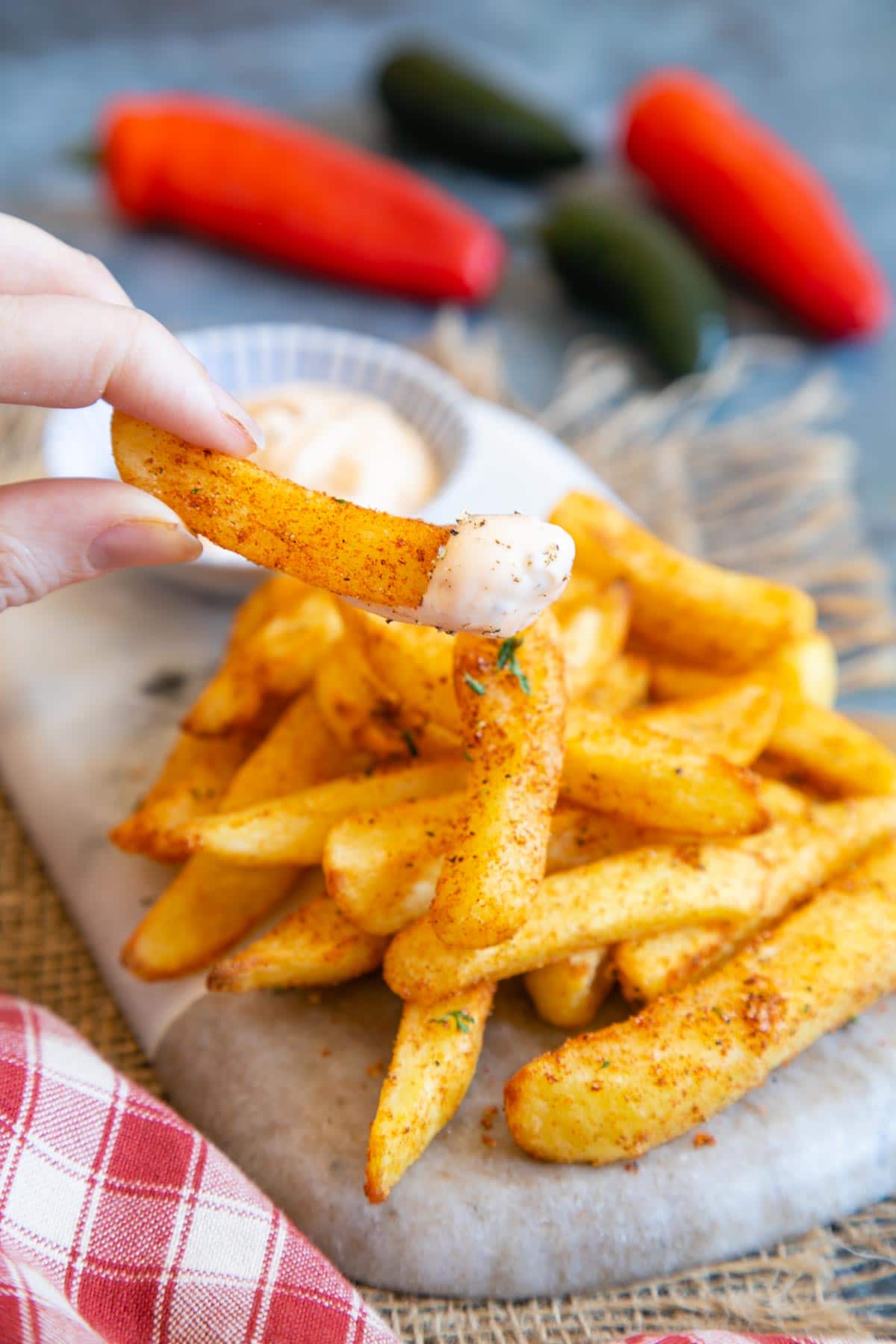 Spicy peri peri fries with a seasoned dip, just like you get at Nando's