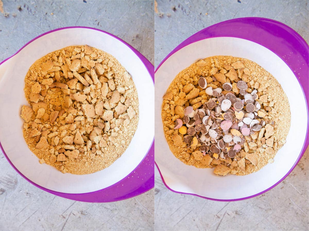 Put the biscuit crumbs in a large bowl and add the mini egg pieces.