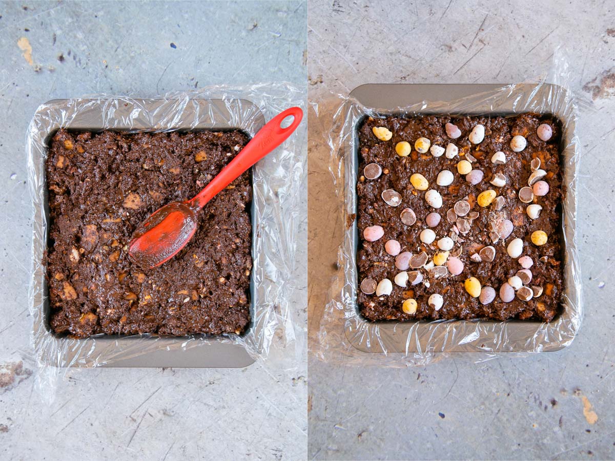Left: use the mixture to fill a lined brownie tin: Right: decorate with reserved egg pieces.