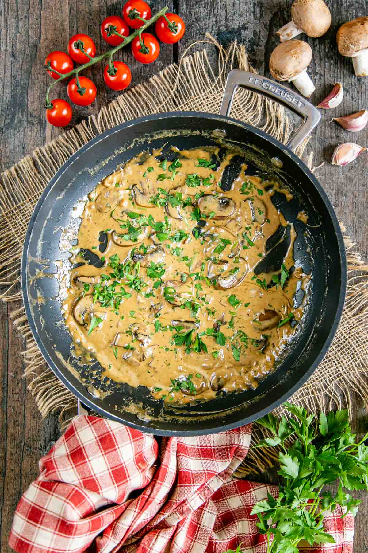 Rich creamy and golden, this Diane sauce is served with a little parsley stirred in and a sprinkling on top for contrast.