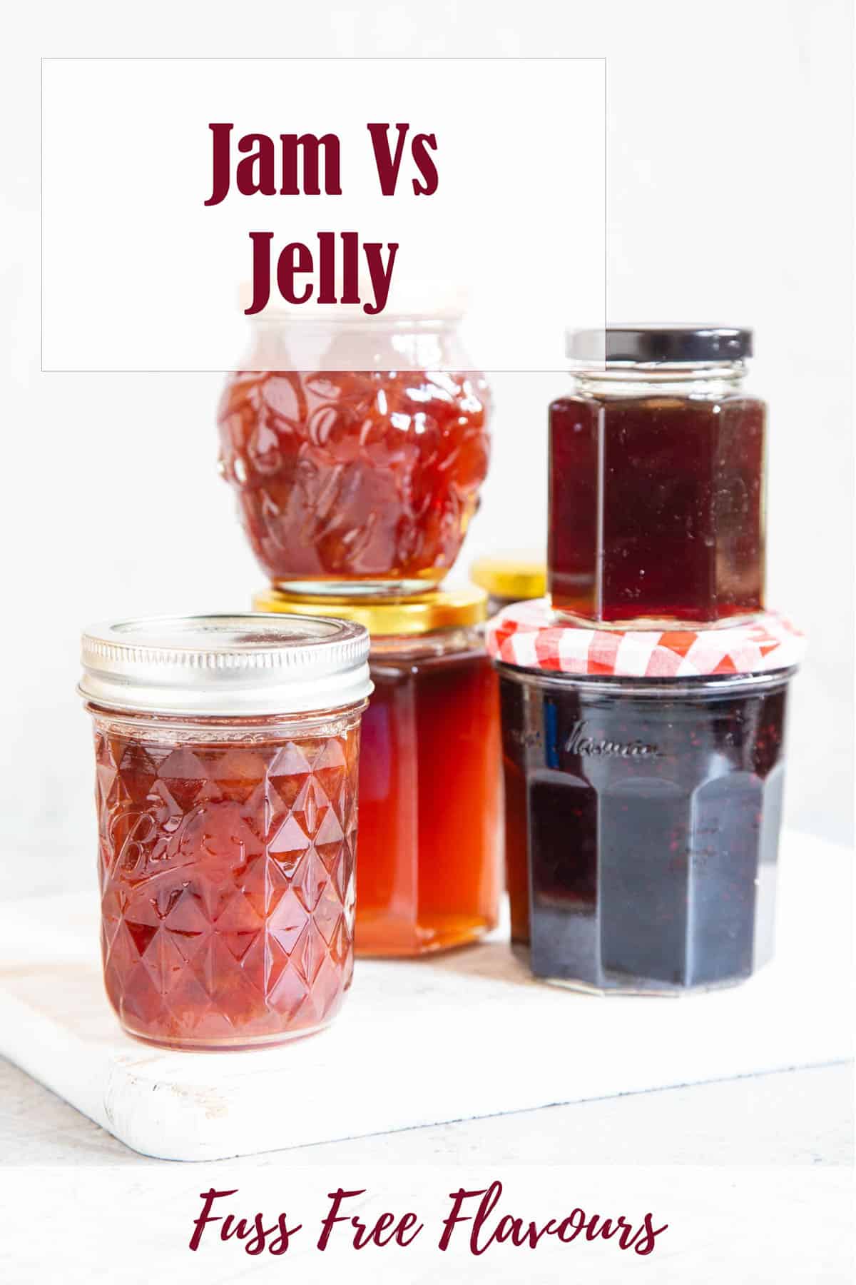five jars of assorted jam and jelly text overlay reads jam vs jelly