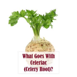 A celeriac root with stalks and leaves, text overlay reads What goes with celeriac celery root?