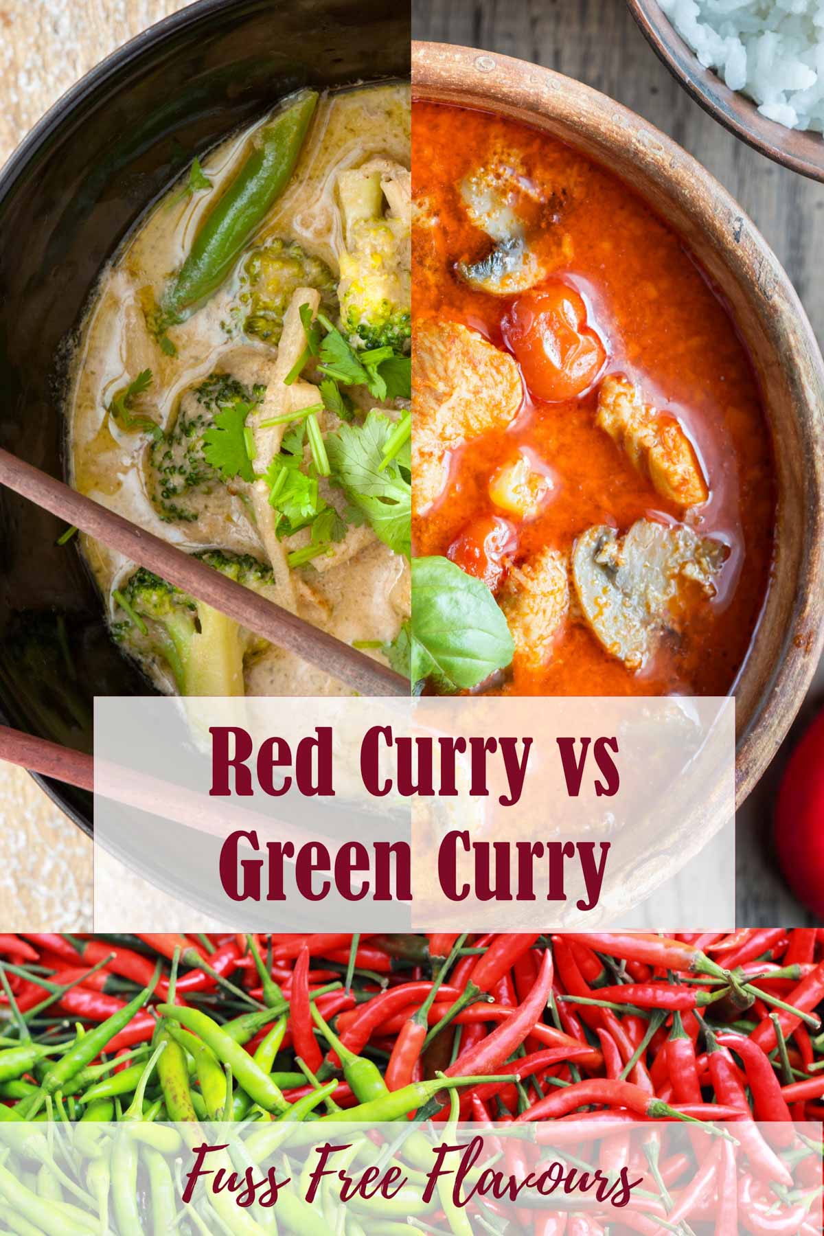 Red and green Thai curries contrasted, with the red and green chillies that give them their flavour.