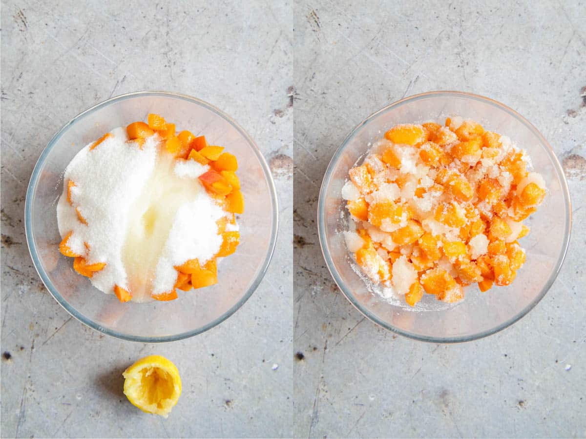 Left: The ingredients for apricot jam in a bowl. Right: the ingredients mixed together.