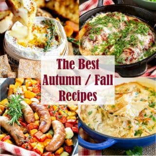 collage of images of 4 autum recipes - baked camembert, sausage tray bake, hunters chicken and celeriac gratin